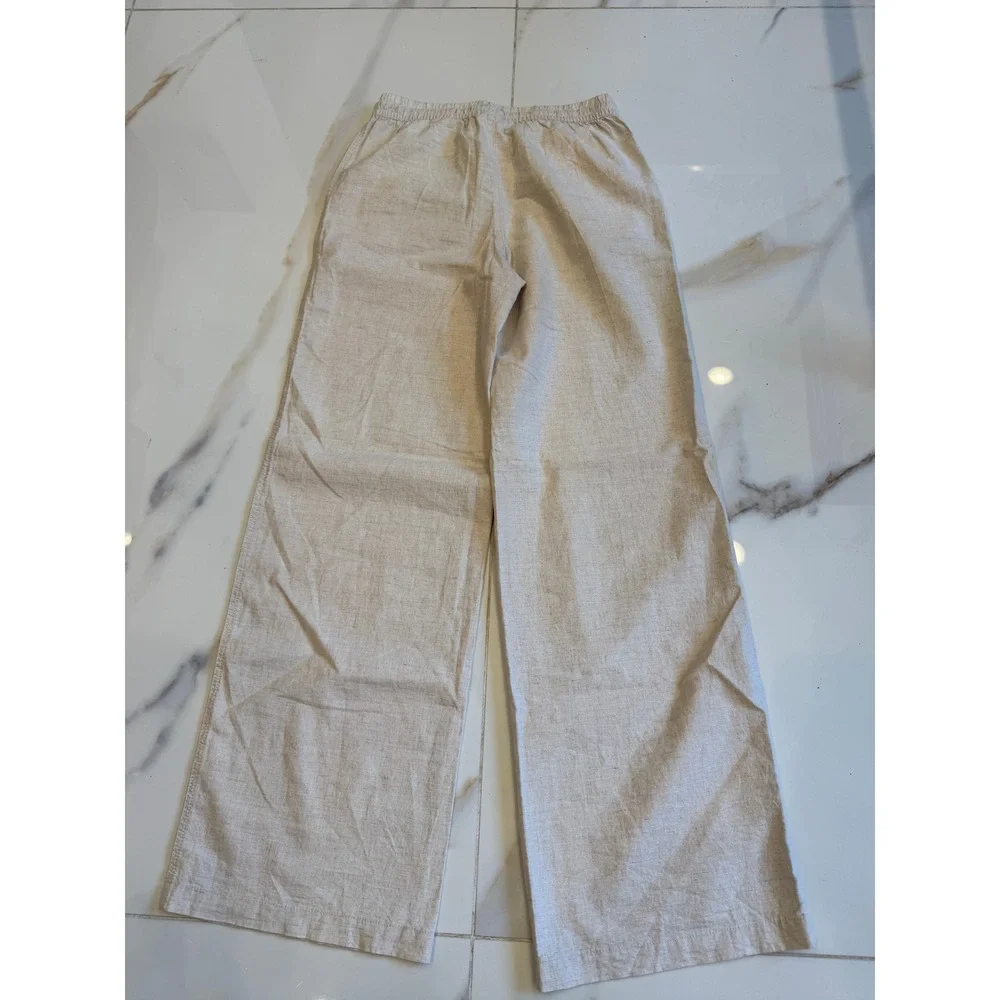 H&M Women Beige Linen Blend Wide Leg Elastic Waist Pants XS NWT 1209522 008